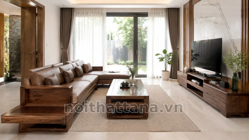 Bố trí sofa gỗ chữ L đối diện kệ tivi