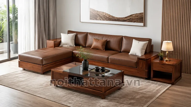 Bộ sofa gỗ chữ L phối bàn trà