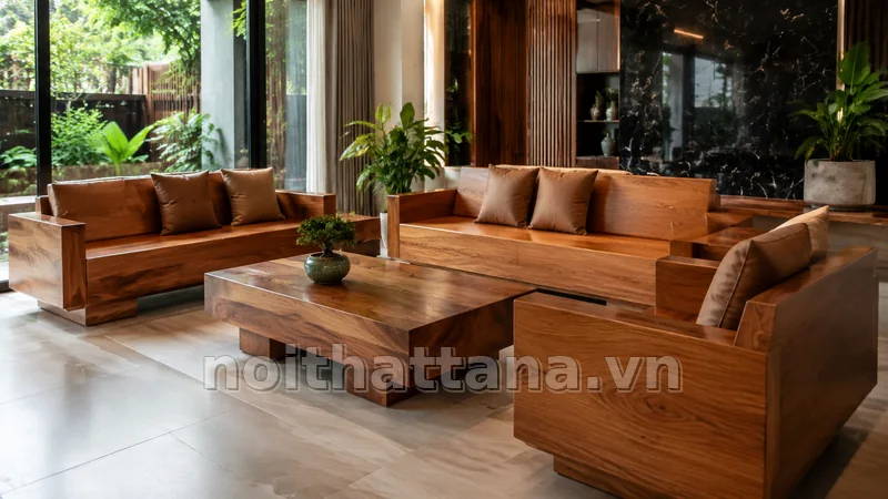 sofa gỗ nguyên khối trong không gian nội thất thực tế
