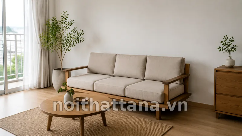 Sofa gỗ tối giản trong phòng khách căn hộ nhỏ