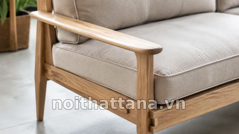 Chi tiết tay vịn và khung sofa gỗ tối giản