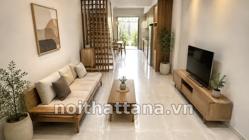 Bố trí sofa gỗ tối giản tạo lối đi thoáng