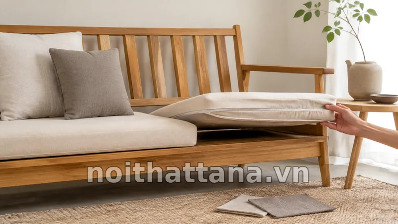 Đệm rời và màu trung tính cho sofa gỗ tối giản