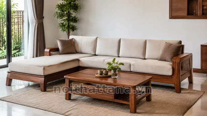 sofa góc gỗ trong không gian thực tế