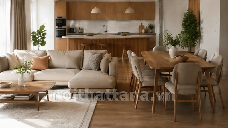 sofa kết hợp bàn ăn trong không gian nội thất thực tế