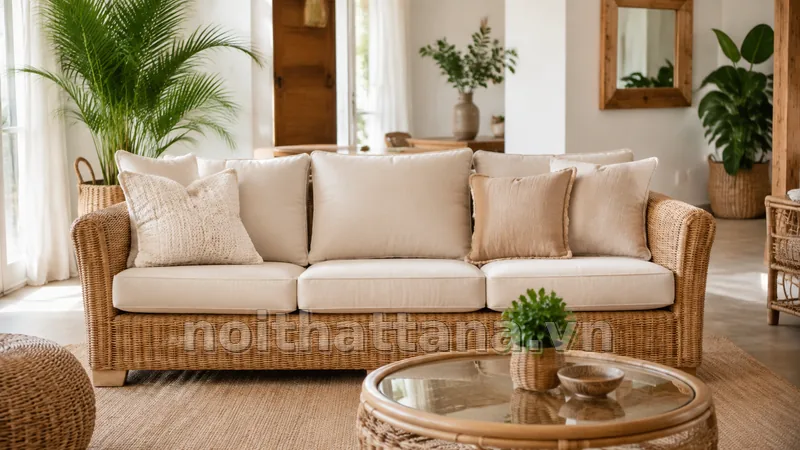 sofa mây trong không gian nội thất thực tế