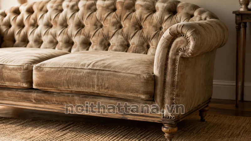 Sofa vintage với chất liệu và chi tiết hoàn thiện rõ ràng