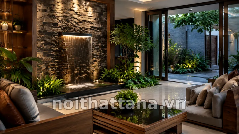 Thác Nước Trong Nhà Đẹp: Cách Chọn Và Bố Trí Hợp Lý 1 Thác nước trong nhà làm điểm nhấn phòng khách