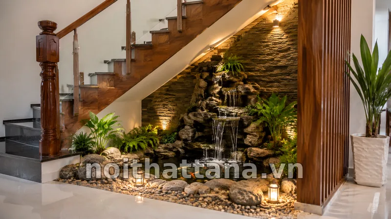 Thác Nước Trong Nhà Đẹp: Cách Chọn Và Bố Trí Hợp Lý 4 Tiểu cảnh thác nước dưới gầm cầu thang