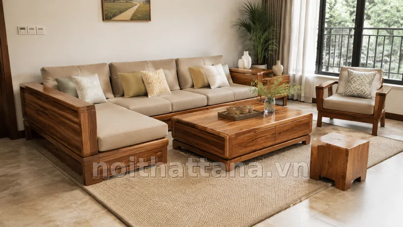 thảm trải ghế sofa gỗ trong không gian nội thất thực tế