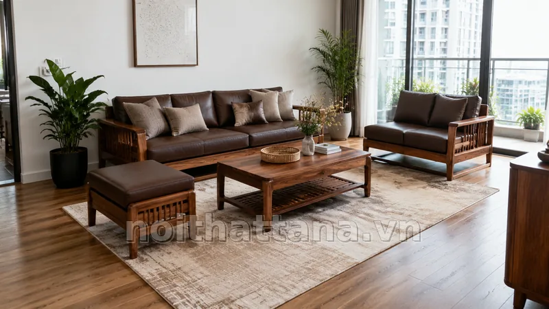 Cách phối thảm trải ghế sofa gỗ với phòng khách hoặc phòng ăn