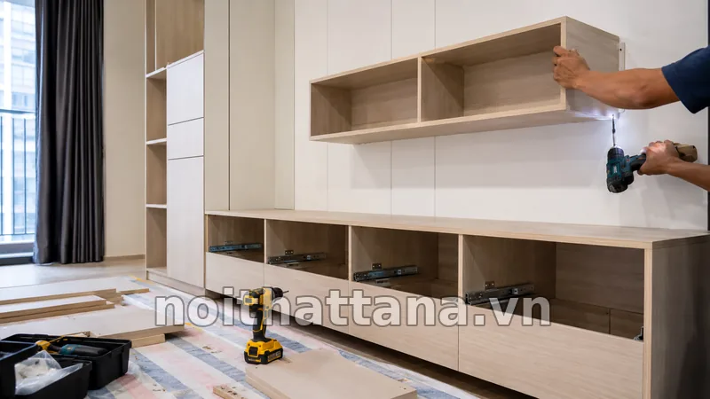 Thi Công Nội Thất Giá Rẻ: Cách Tối Ưu Chi Phí Hiệu Quả 3 Lắp đặt module tủ kệ trong quá trình thi công nội thất