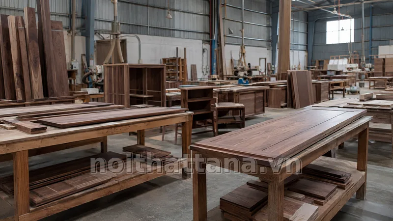 xưởng sản xuất gỗ óc chó trong không gian nội thất thực tế