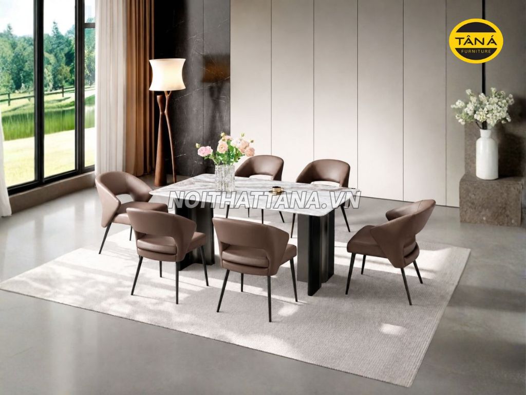 Bộ Bàn Ăn 1,6M 6 Ghế Mặt Đá Tự Nhiên Nhập Khẩu AT-173