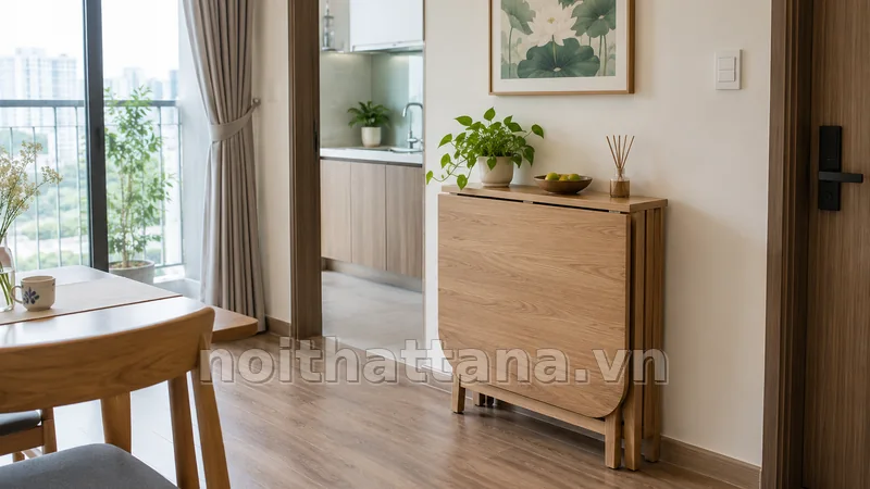 bàn ăn xếp gọn trong không gian sử dụng thực tế