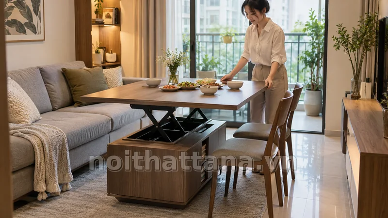 bàn trà kết hợp bàn ăn trong không gian sử dụng thực tế