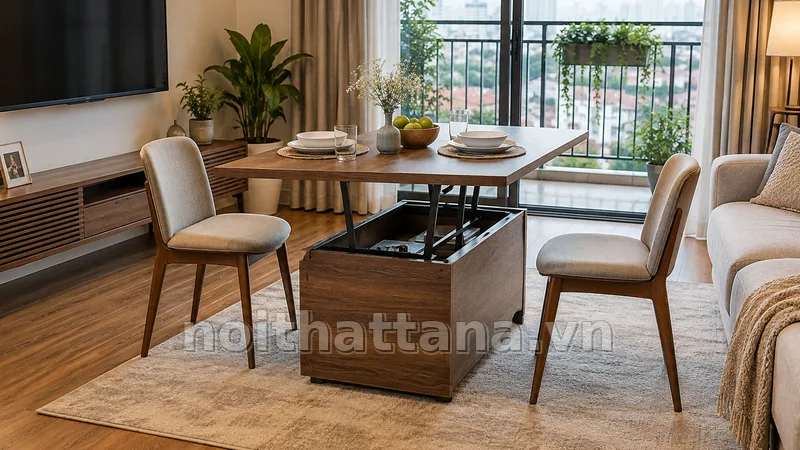 bàn trà kết hợp bàn ăn: mặt bàn và khoang chứa đồ