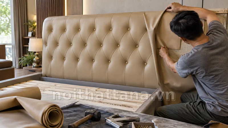 bọc da đầu giường trong không gian sử dụng thực tế