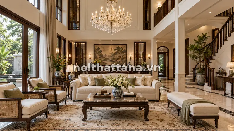 đèn chùm phòng khách: đặt đèn theo tâm bố cục, không nhất thiết tâm phòng