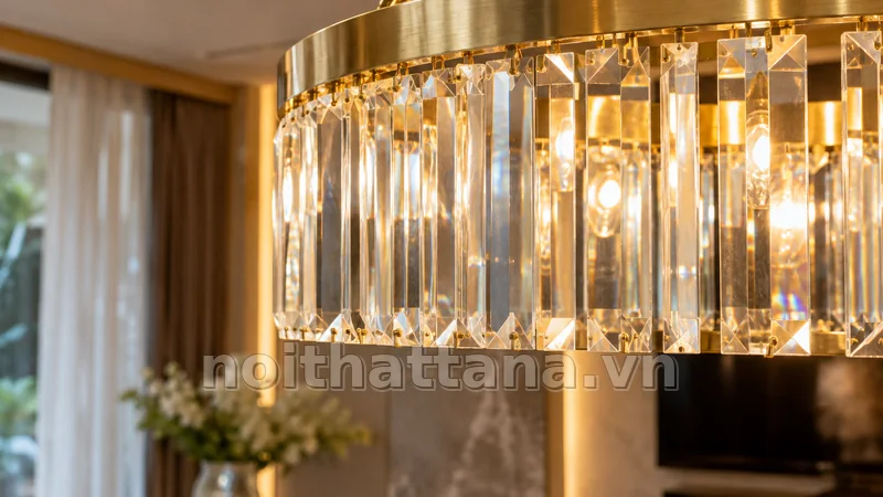 đèn thả pha lê: tỷ lệ với bàn và căn phòng
