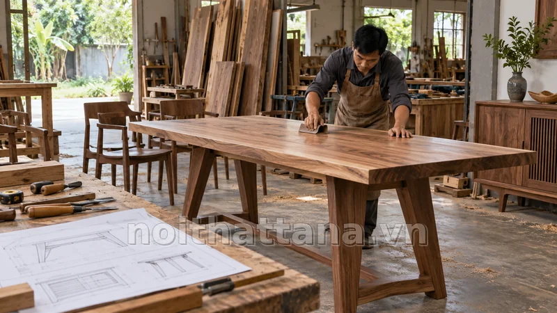 đóng bàn theo yêu cầu trong không gian sử dụng thực tế