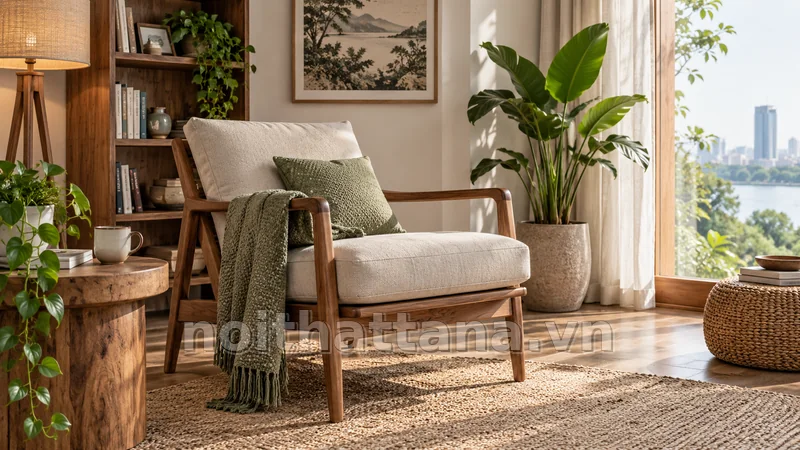 mẫu ghế tựa gỗ đẹp: ghế tựa tay cho góc đọc sách