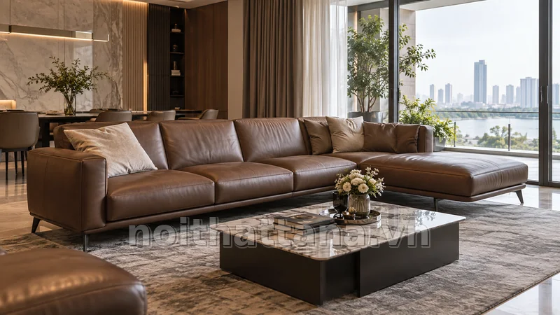 sofa da bò ý trong không gian nội thất thực tế