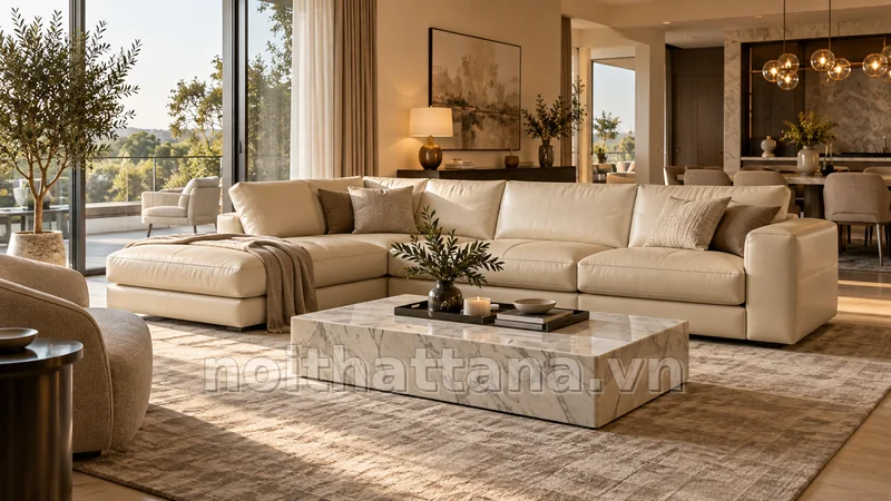sofa da bò ý ứng dụng trong phòng khách hoặc không gian gia đình