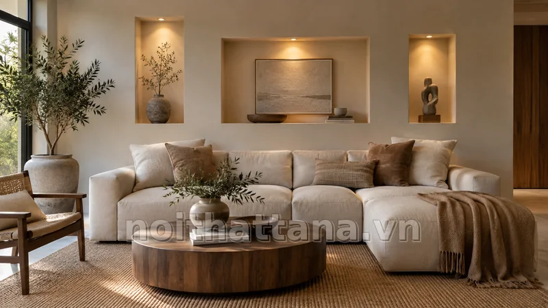 trang trí ô âm tường phòng khách: chọn đồ decor theo nguyên tắc khoảng thở