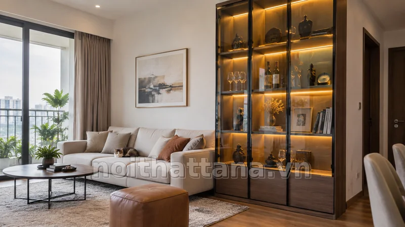 tủ trưng bày phòng khách trong không gian nội thất thực tế