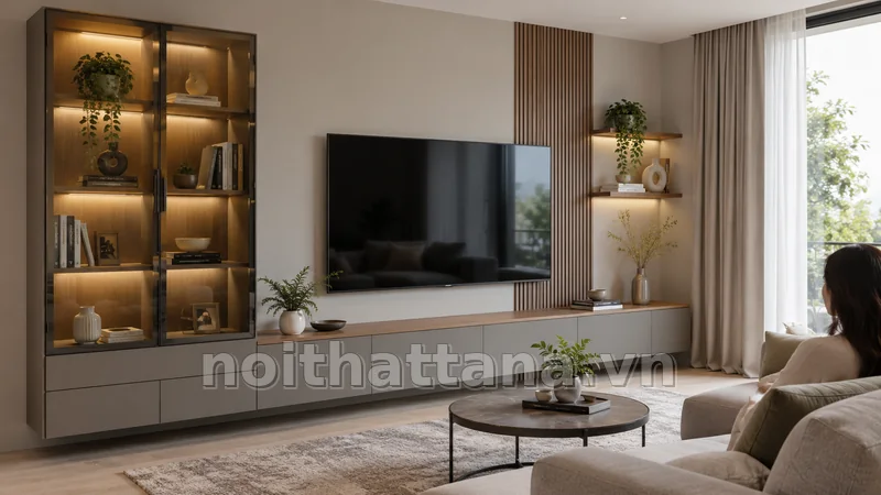 tủ trưng bày phòng khách - chi tiết lựa chọn và bố trí thực tế