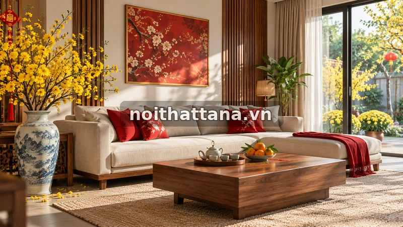 trang trí phòng khách đón Tết: dọn nền trước khi thêm đồ