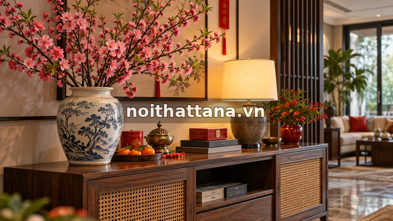 trang trí phòng khách đón Tết: làm mới vùng sofa