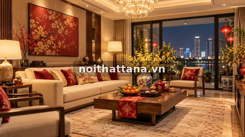 trang trí phòng khách đón Tết: hoa và cây cần đúng vị trí